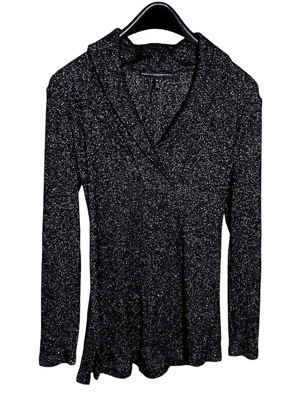 WHITE HOUSE BLACK MARKET Womens M Black Glitter Faux Wrap Cowl Neck Slit Sweater